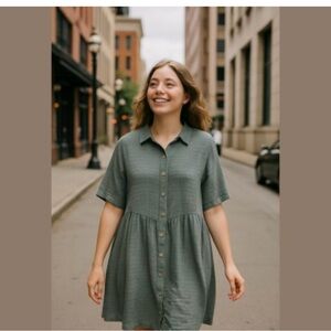Terra & Sky Gray/Green Button-Up Dress